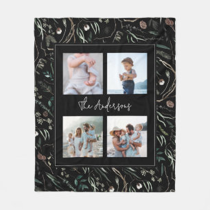 Black modern elegant watercolor botanical 4 photo fleece blanket