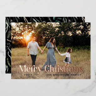 Black modern elegant watercolor botanical rustic foil holiday card