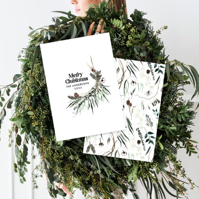 Black modern elegant watercolor botanical rustic h holiday card (Creator Uploaded)