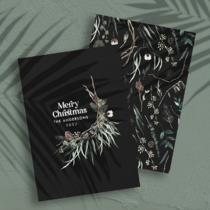 Black modern elegant watercolor botanical rustic holiday card