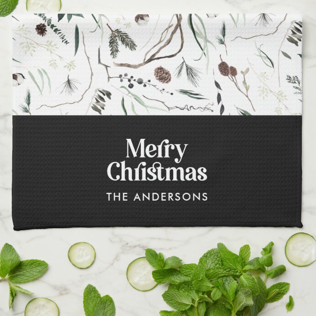 Black modern elegant watercolor botanical rustic k tea towel (Folded)