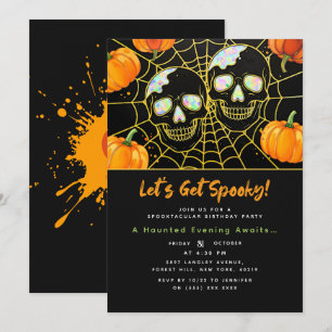 Black Modern Faux Opal Halloween skulls Invitation