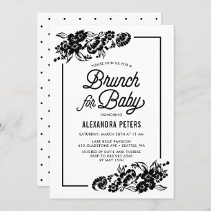 Black Modern Floral Accents Baby Shower Brunch Invitation