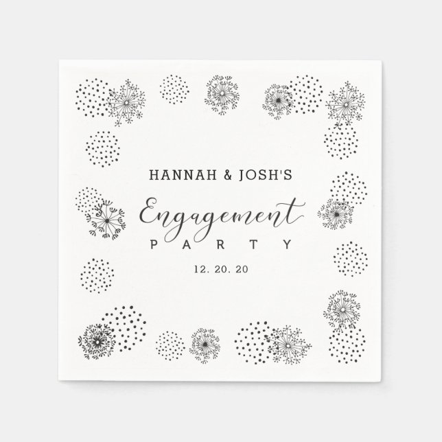 Black | Modern Floral Engagement Party Napkin (Front)