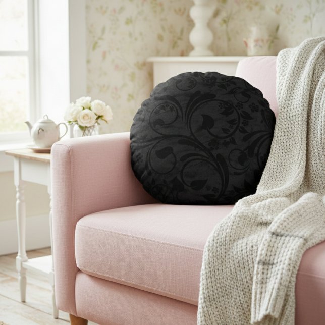 Black Modern Floral Velvet Round Cushion (Creator Uploaded)