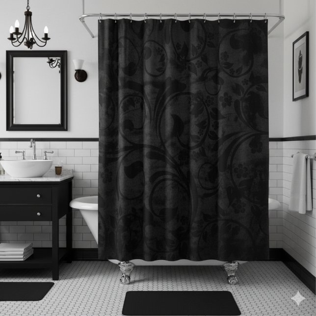 Black Modern Floral Velvet Shower Curtain (Creator Uploaded)