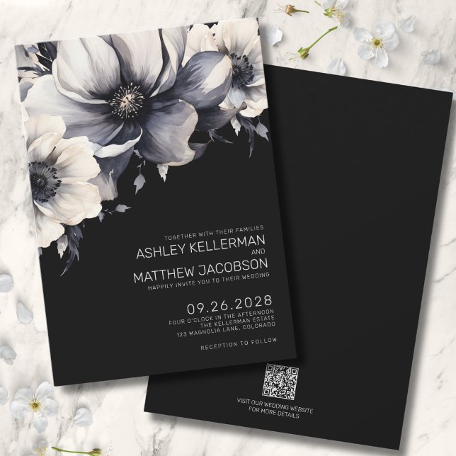 Black Modern Floral Wedding Invitation (QR Code Budget Modern Elegant Black Floral Wedding Invitation)