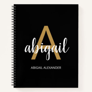 Black Modern Girly Gold Monogram Name Notebook