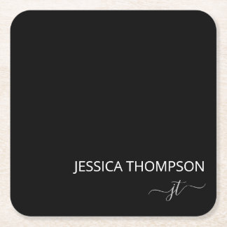 Black Modern Girly White Simple Monogram Name  Tri Square Paper Coaster