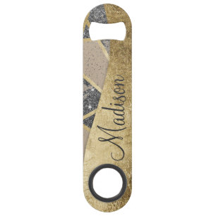 Black Modern Glitter Geo Gold Triangles Monogram