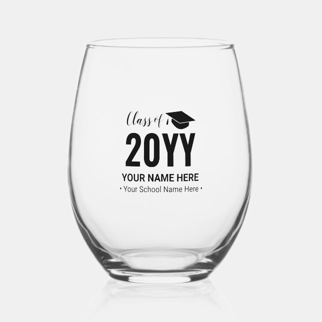 Black | Modern Graduation Gift Custom Text Stemless Wine Glass (Front)