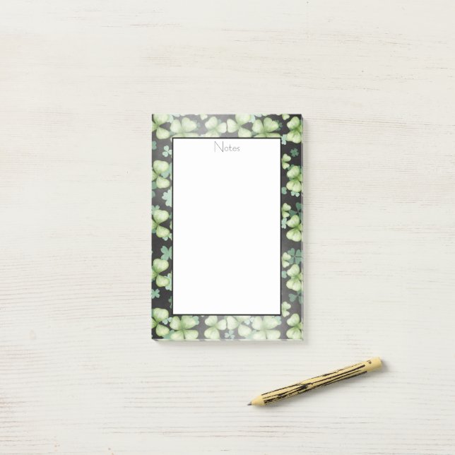 Black Modern Green Shamrock Clover Post-it Notes (On Desk)