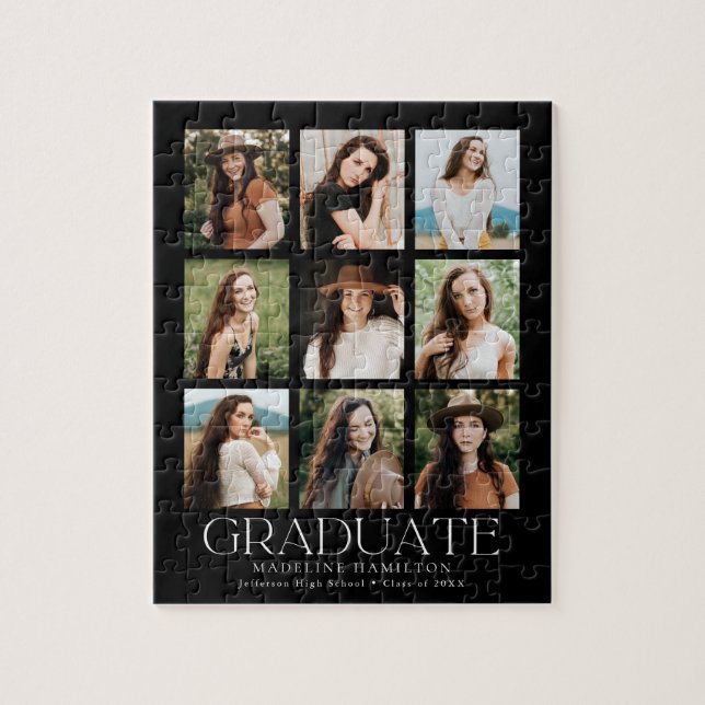 Black Modern Grid 9 Photo Collage Graduation Jigsaw Puzzle (Vertical)
