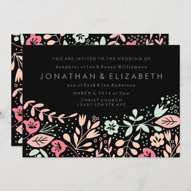 Black Modern Hand drawn Pastel Floral Wedding Invitation (Front/Back)