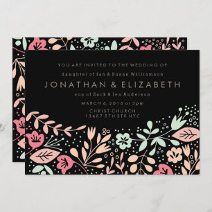 Black Modern Hand drawn Pastel Floral Wedding Invitation