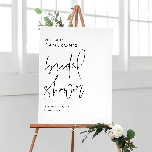 Black Modern Handwritten Script Bridal Shower Poster (Black and White Modern Handwritten Script Bridal Shower Welcome Sign)