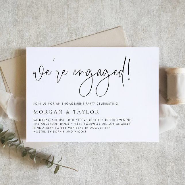Black Modern Handwritten Script Engagement Party Invitation (This minimalist engagement party invitation features modern calligraphy and a clean layout.)