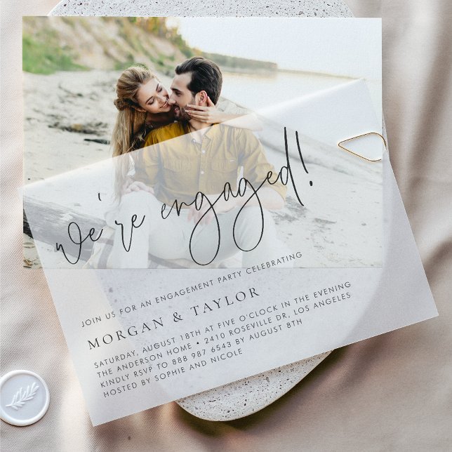 Black Modern Handwritten Script Engagement Party Vellum Invitations (This minimalist vellum engagement party invitation features modern calligraphy and a clean layout.)