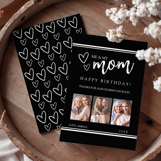 Black Modern Happy Birthday Mom Photo Collage Card (Black Modern Happy Birthday Mom Photo Collage Card)