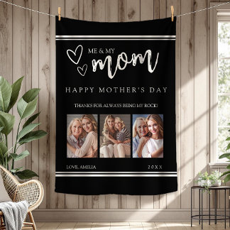 Black Modern Happy Mother's Day Photo Collage Fleece Blanket