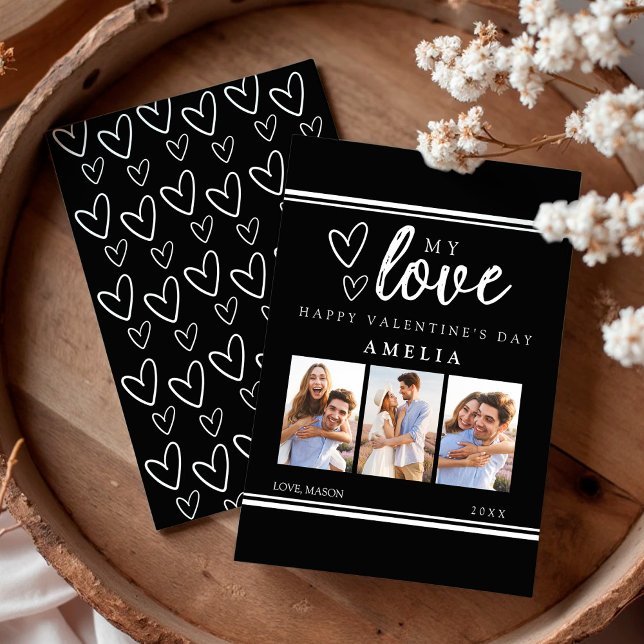 Black Modern Happy Valentine's Photo Collage Card (Black Modern Happy Valentine's Photo Collage Card)