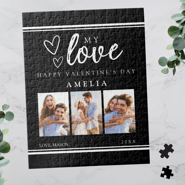 Black Modern Happy Valentine's Photo Collage Jigsaw Puzzle (Black Modern Happy Valentine's Photo Collage Jigsaw Puzzle for Her)