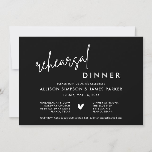 Black Modern Heart Rehearsal Dinner Invitation (Front)
