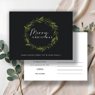 BLACK MODERN HOLLY BERRY WREATH MERRY CHRISTMAS HOLIDAY POSTCARD