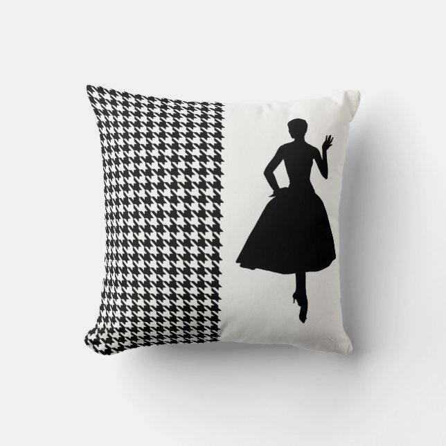 Black Modern Houndstooth with Fashion Silhouette Cushion (Front)