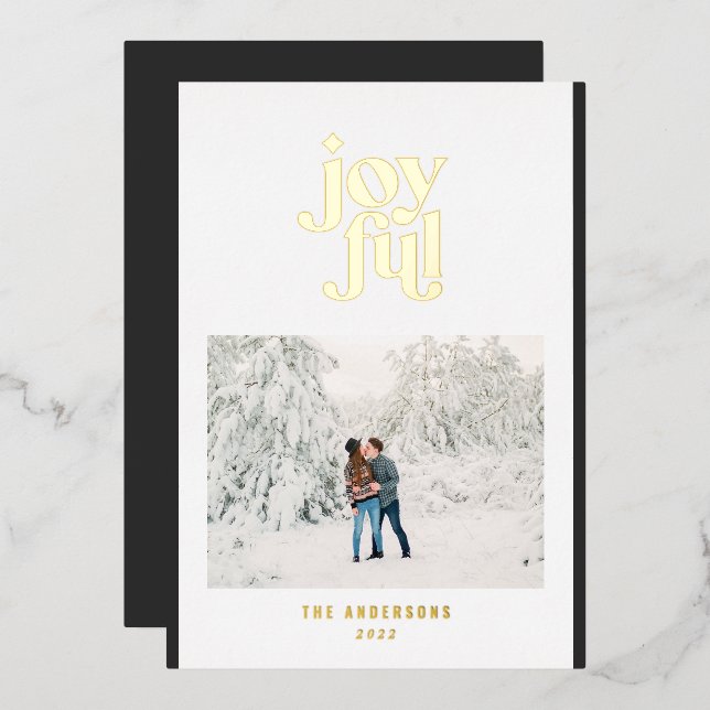 black modern joyful 1 photo  foil holiday card (Front/Back)