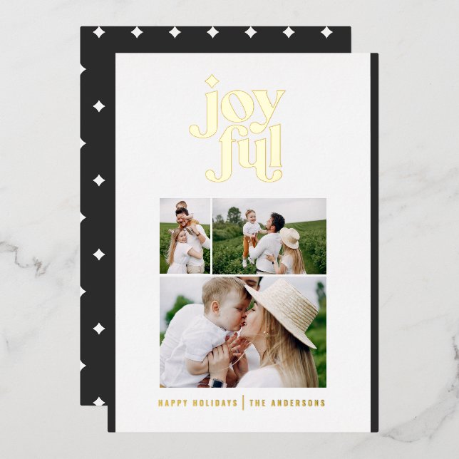 black modern joyful 3 photo  foil holiday  (Front/Back)