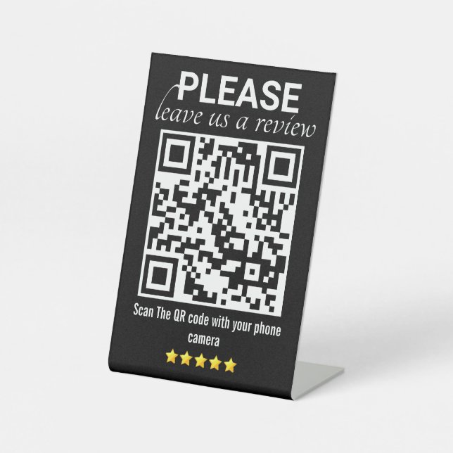 Black & Modern "Leave a Review" QR Code Pedestal Sign (Front)