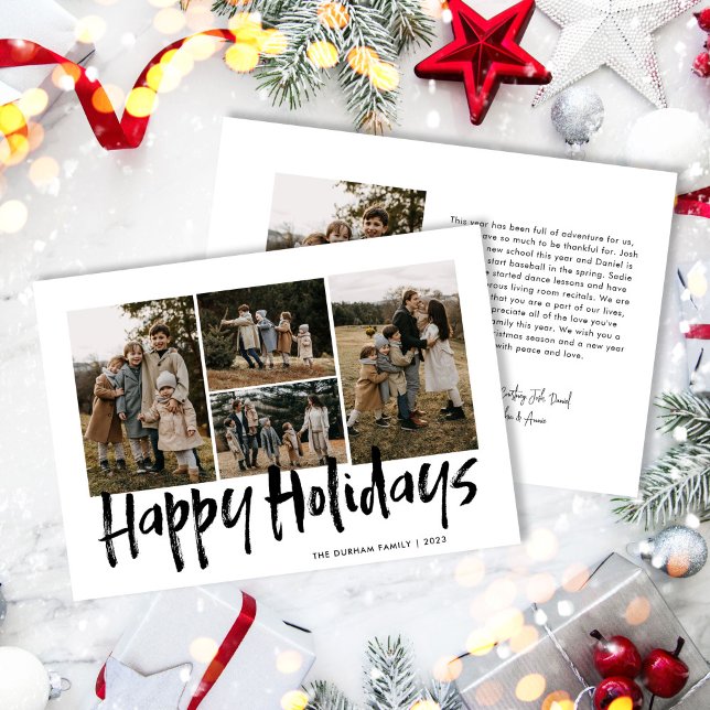 Black Modern Lettering Five Photo Happy Holiday Card (Creator Uploaded)