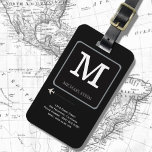 Black Modern Logo . travel monogram Luggage Tag<br><div class="desc">Personalised (name and initial) design with additional informations of the traveller. On your next flight, do not worry about losing your bags. A luggage tag with a name is important for several practical reasons when travelling. Firstly, it serves as a quick and easy way to identify your luggage among the...</div>