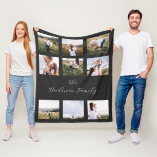Black modern minimal contemporary simple 9 photo fleece blanket