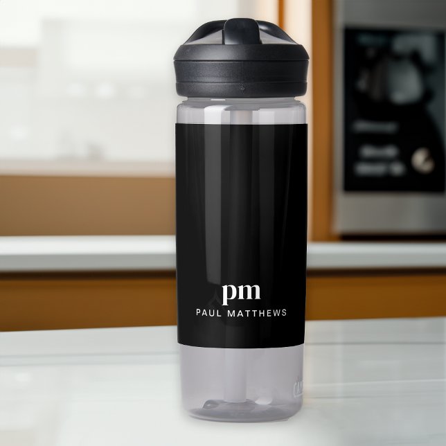 Black Modern Minimal Custom Monogram and Name Water Bottle (Creator Uploaded)