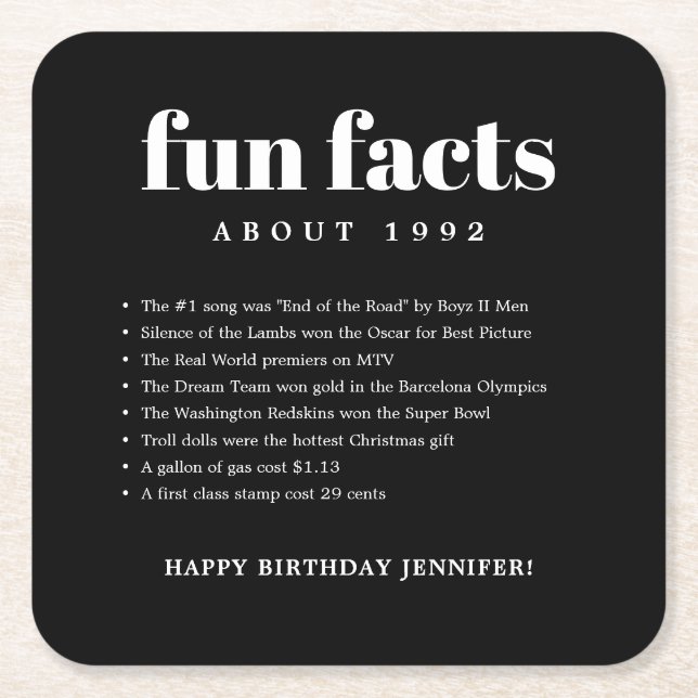 Black Modern Minimal Fun Facts Birthday Year Square Paper Coaster (Front)