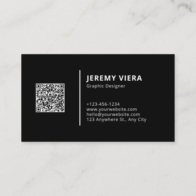 Black Modern Minimal Logo and QR Code Business Card (Back)