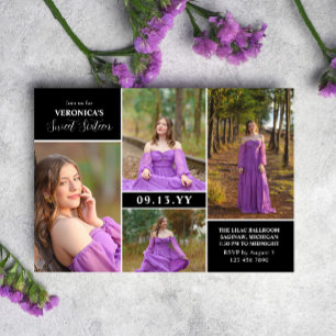 Black Modern Minimal Photo Collage Sweet Sixteen Invitation