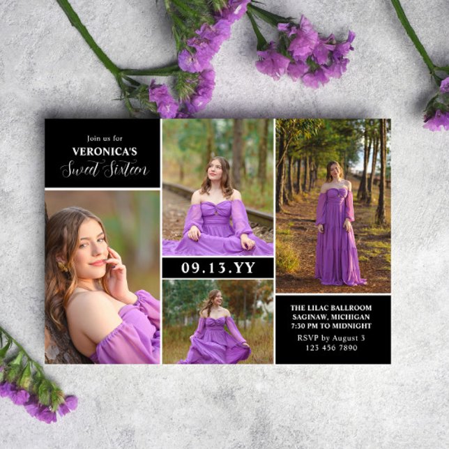 Black Modern Minimal Photo Collage Sweet Sixteen Invitation (Creator Uploaded)