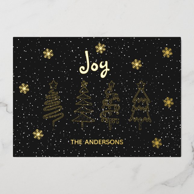 Black Modern Minimal Pine Trees Snow Joy Christmas Foil Holiday Card (Front)