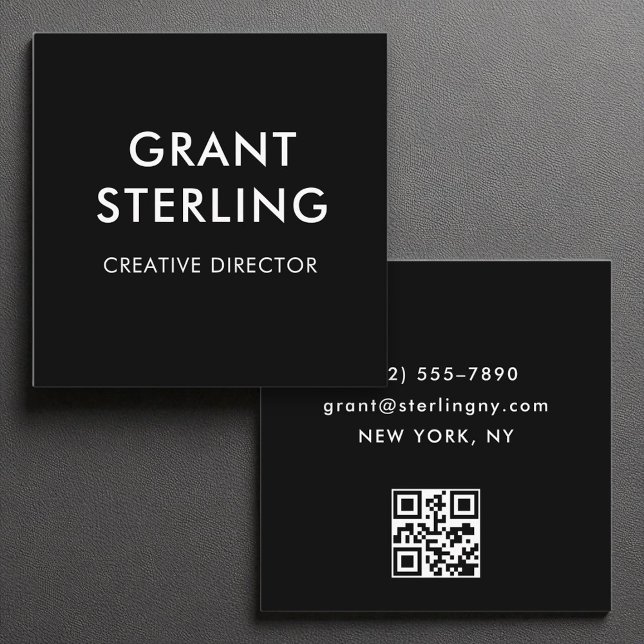 Black Modern Minimal Typography QR Code Square Business Card (Creator Uploaded)