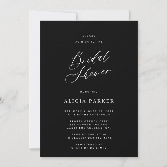 Black modern minimalist bridal shower invitation (Front)
