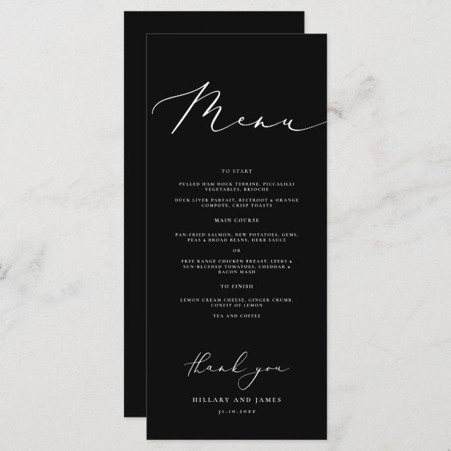 Black Modern Minimalist Calligraphy Wedding Dinner Menu (Front/Back)