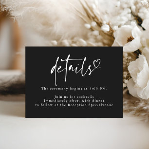 Black Modern Minimalist Heart Wedding Details  Enclosure Card