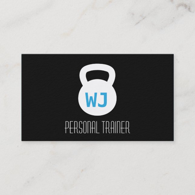 Black Modern Minimalist Kettlebell Fitness Trainer Business Card (Front)