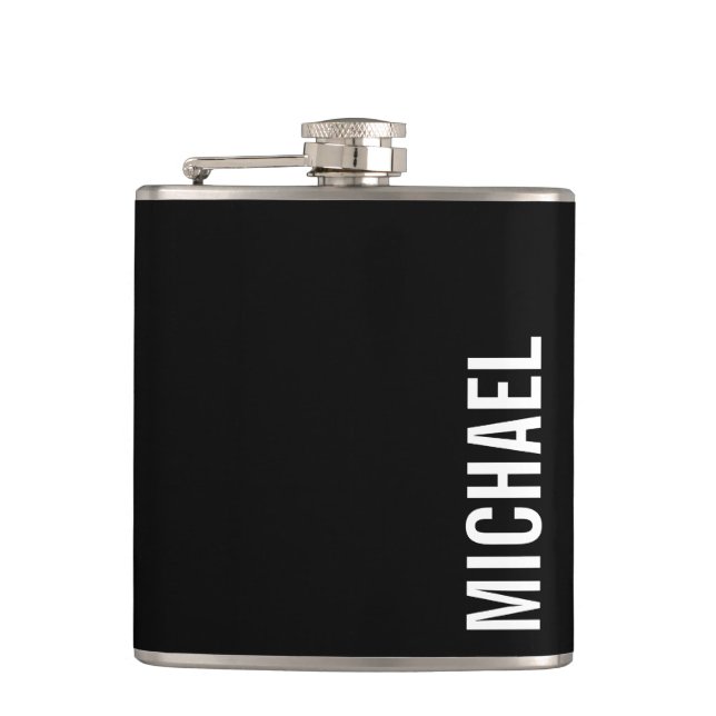 Black Modern Minimalist Personalised Name Hip Flask (Front)