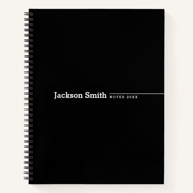 Black modern minimalist personalised name notebook (Front)