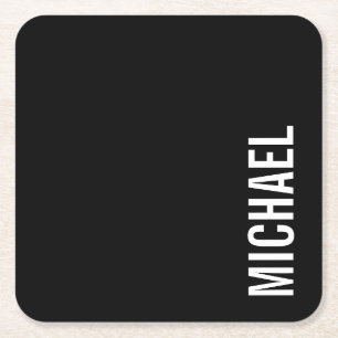 Black Modern Minimalist Personalised Name Square Paper Coaster