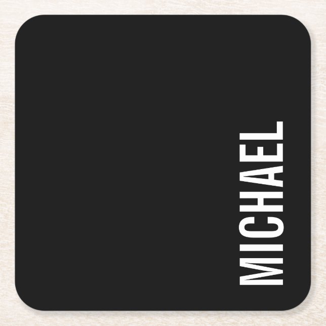 Black Modern Minimalist Personalised Name Square Paper Coaster (Front)